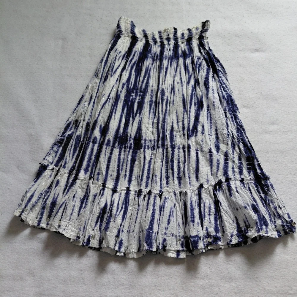 Justice Tie Dye Ruffle Skirt Girls 14 Blue White Smocked Waist Tiered Midi Boho
